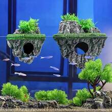 Multi-Use Aquarium Floating Island Decor With Artificial Greenery - ABS Floating Rock With Shelter For Fish, Scenery Rockery For Fish Tank Landscaping