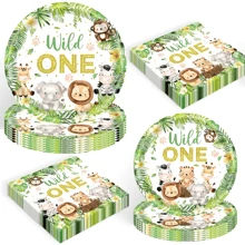 10 件 Wild One 生日派对用品餐具套装生日装饰品包括盘子、餐巾动物丛林主题 Wild One 派对用品适用于一岁生日派对桌面装饰促销 - 彩色 - 查看 6