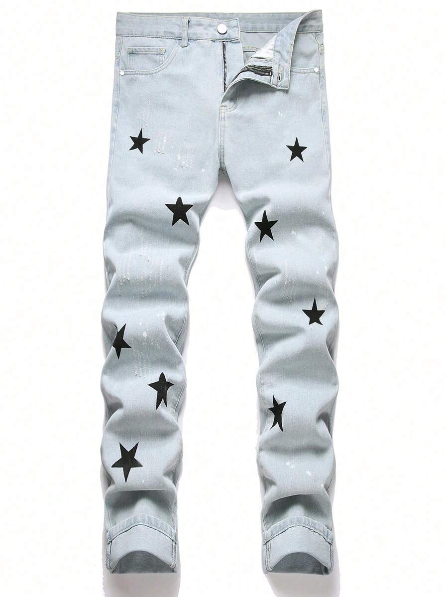 Quần Jeans Ống côn In Hình Ngôi Sao Giặt Thường Ngày Cho Nam - Rửa nhẹ - Xem 1