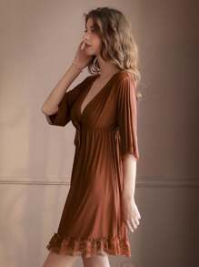 1 Stück elegantes Loungewear für junge Frauen mit tiefem V-Ausschnitt und Unifarbe, schulterfreie, stilvolle Freizeitkleidung für Zuhause, Urlaub