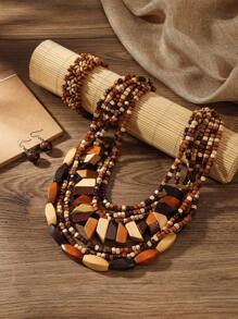 Exaggerated Multi-Layer Pendant Handmade Beaded Necklace, Earrings, Bracelet Set - European, African, Bohemian, Retro, Wooden Bead, Festival, Holiday Style - Multicolor - View 14