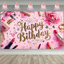 1PC 粉色魅力化妆品主题派对装饰背景布 210*150/150*100/100*75CM 公主风格花朵口红主题背景适用于主题派对背景横幅装饰生日派对拍照亭客厅卧室工作室直播场地装饰背景派对用品，圣诞节 - 彩色 - 查看 1