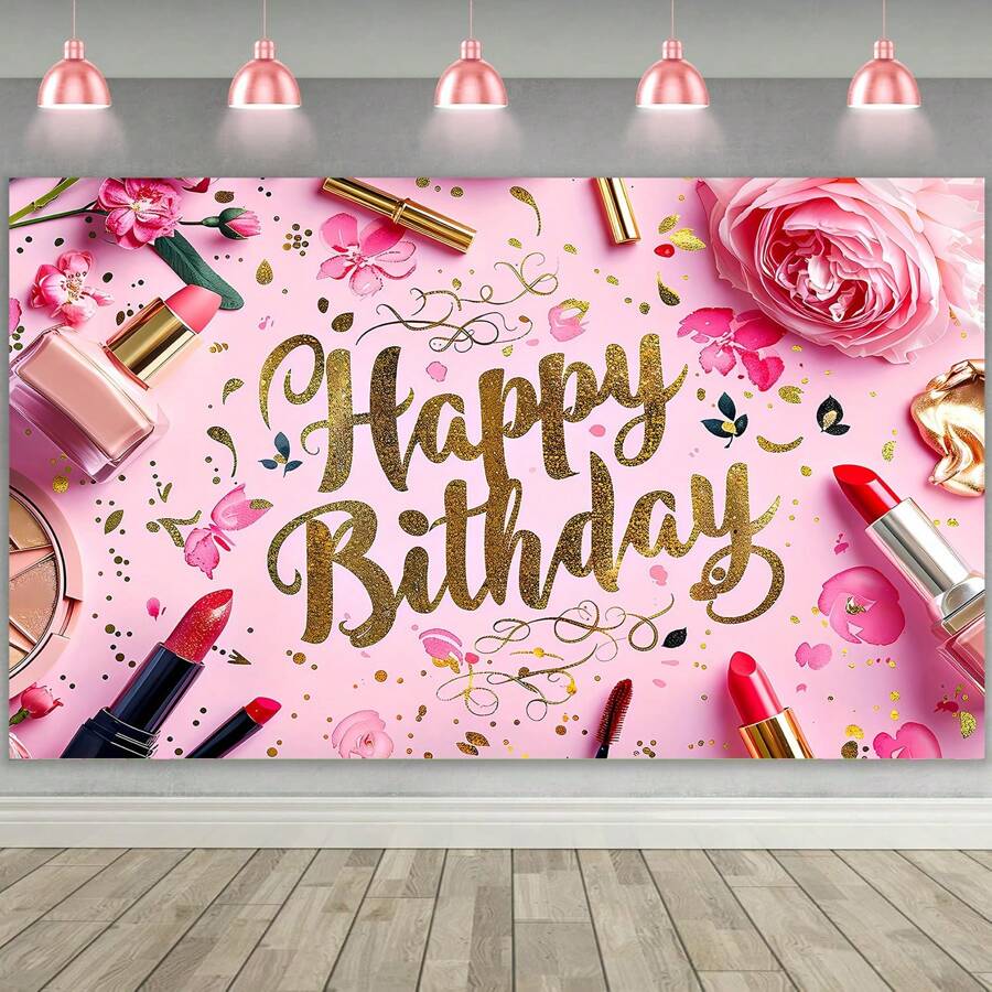 1PC 粉色魅力化妆品主题派对装饰背景布 210*150/150*100/100*75CM 公主风格花朵口红主题背景适用于主题派对背景横幅装饰生日派对拍照亭客厅卧室工作室直播场地装饰背景派对用品，圣诞节 - 彩色 - 查看 1