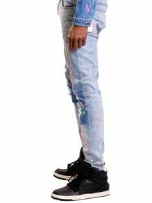 Men's Distressed Ink Spray Paint Patchwork Casual Jeans