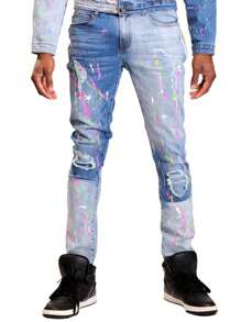 Men's Distressed Ink Spray Paint Patchwork Casual Jeans