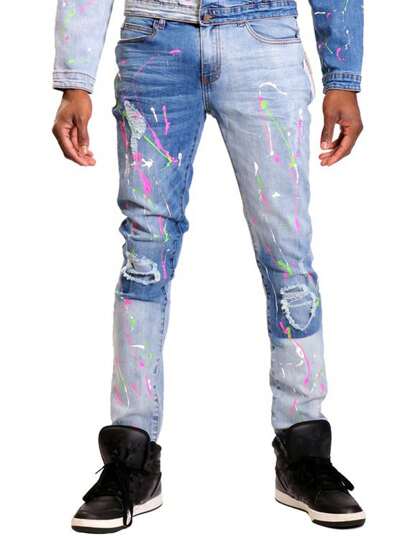 Men's Distressed Ink Spray Paint Patchwork Casual Jeans