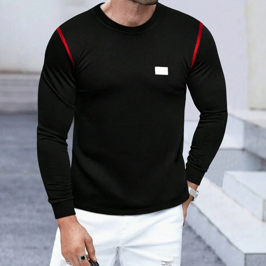 1pc Men's Casual Crew Neck Long Sleeve Sweatshirt With Small Leather Label Design, Suitable For Daily Wear In Spring And Autumn - Black - View 1