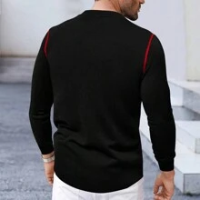 1pc Men's Casual Crew Neck Long Sleeve Sweatshirt With Small Leather Label Design, Suitable For Daily Wear In Spring And Autumn - Black - View 2
