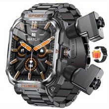 TWS 无线 5.0 智能手表带耳塞，2.01 英寸全触摸高清 TFT 屏幕，IP67 防水，可定制表盘，健身和睡眠追踪，通知，345mAh 可充电电池，合金机身和硅胶表带，USB 充电 - 男士运动智能手表 - 彩色 - 查看 12