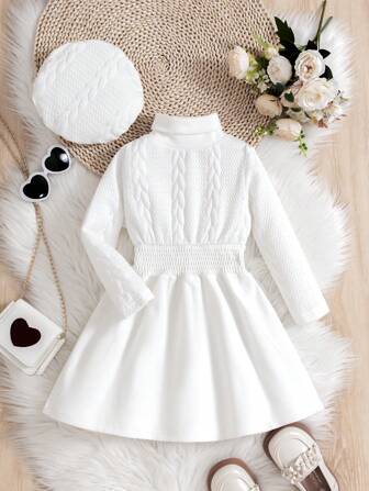 Vestito casual in maglia bianca da ragazza, con collo alto e design in vita elasticizzato, morbido e caldo, adatto per ogni giorno e occasioni formali, adatto per autunno e inverno