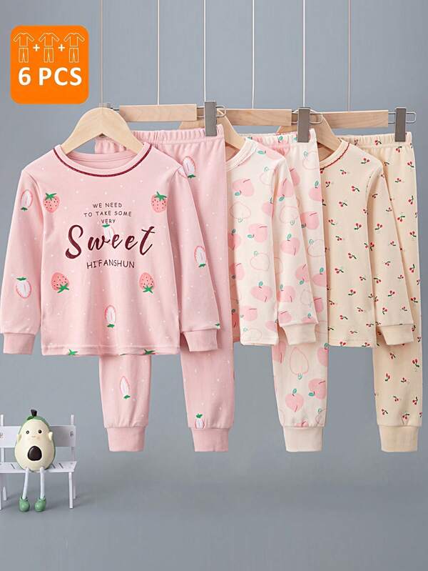 6pcs  Young Girls Cartoon Fruit Print Lace Collar Long Sleeve Pajama Set, Includes Shirt And Pants, Autumn Underwear Set