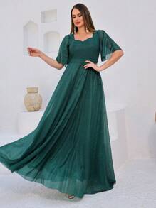 Lilian Long Party Dress With Shine - Army Green - View 2