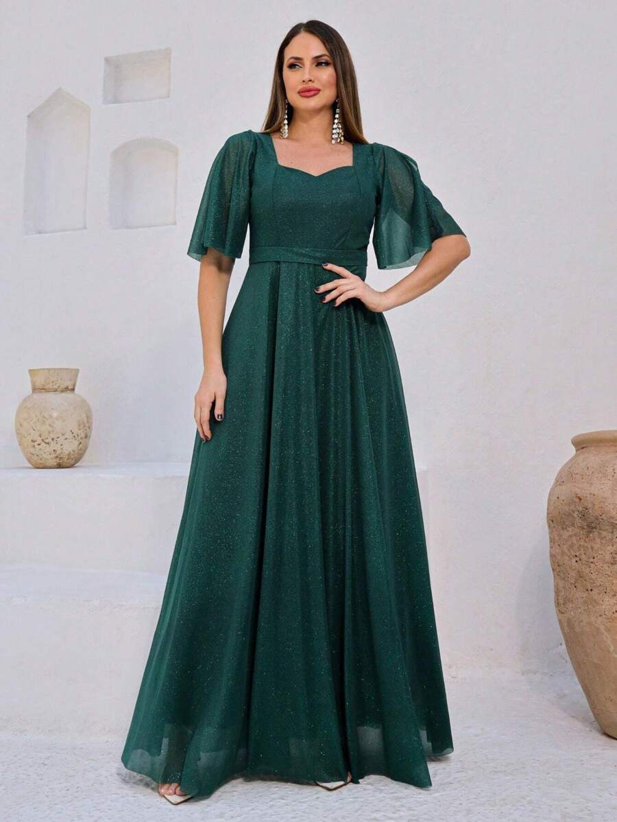 Lilian Long Party Dress With Shine - Army Green - View 1
