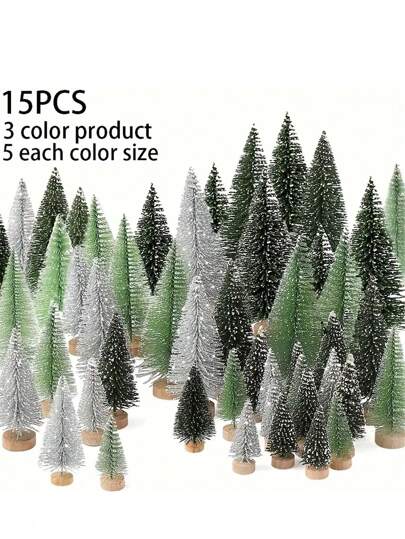 15pcs Mini Artificial Christmas Trees With Wooden Bases – Bottle Brush Tabletop Decor For Holidays (Christmas, Halloween, Thanksgiving) – No Power Required, Non-Lit, Bendable, Snow Sprinkled Holiday,Christmas