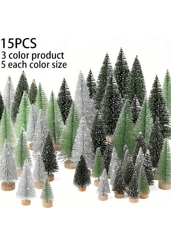 15pcs Mini Artificial Christmas Trees With Wooden Bases – Bottle Brush Tabletop Decor For Holidays (Christmas, Halloween, Thanksgiving) – No Power Required, Non-Lit, Bendable, Snow Sprinkled Holiday,Christmas