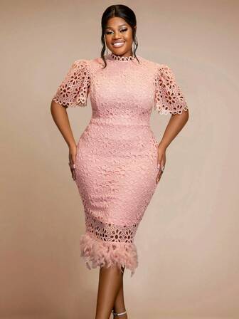 Plus Size Spring Pink Easter Hollow-Out Lace Short Sleeve Birthday Wedding Dresses For Women Valentines Day