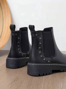 Fall/Winter Women's Brown Leather Chunky Sole Round Toe Chelsea Boots, Rivet Decor, Versatile Four-Seasons Style,Go With Travel,Boots For Women - Black - View 6