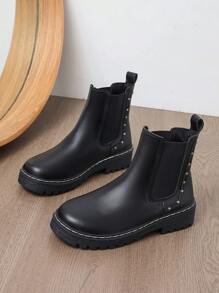 Fall/Winter Women's Brown Leather Chunky Sole Round Toe Chelsea Boots, Rivet Decor, Versatile Four-Seasons Style,Go With Travel,Boots For Women - Black - View 5