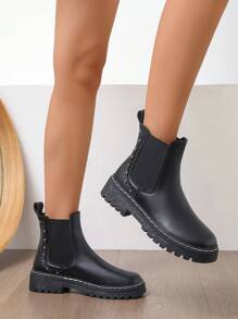 Fall/Winter Women's Brown Leather Chunky Sole Round Toe Chelsea Boots, Rivet Decor, Versatile Four-Seasons Style,Go With Travel,Boots For Women - Black - View 7