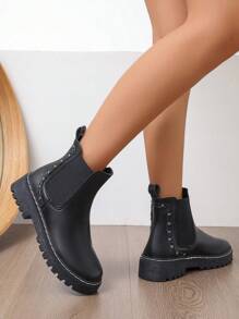 Fall/Winter Women's Brown Leather Chunky Sole Round Toe Chelsea Boots, Rivet Decor, Versatile Four-Seasons Style,Go With Travel,Boots For Women - Black - View 4