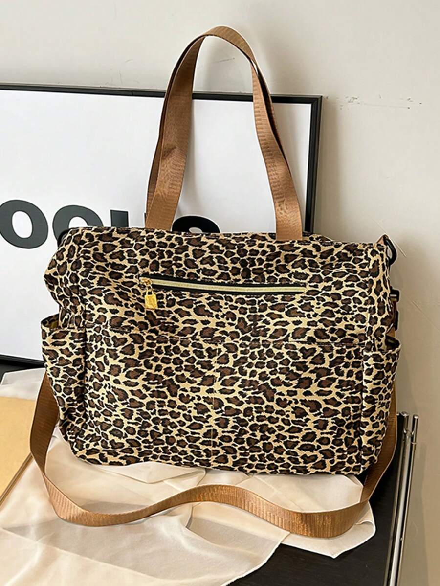 1 件时尚女士手提包、单肩包、斜挎包、挎包、手提包、大容量、方形、尼龙材质防刮耐磨，适合购物、约会、聚会、通勤。可调节肩带，复古豹纹图案，优雅休闲时尚女士手提包，多色，时尚豹纹猎豹女士包豹纹回归