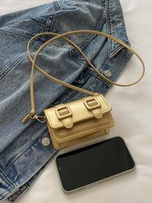 迷你时尚纯色简约翻盖单肩包，适合逛街，钱包，购物，年轻女性，大学生，新人，白领。非常适合办公室，大学，工作，商务，通勤，户外活动，旅行和郊游 - 金色 - 查看 8