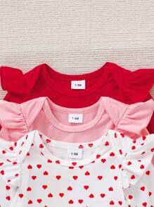 3pcs/Set Baby Girl Pink & White Heart Pattern Bodysuit Outfit, Autumn & Winter - Multicolor - View 3