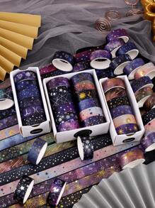 12/6rolls/Box Galactic Splendor Star Washi Tape,Scrapbook Supplies Tape Dispenser Washi Tape,Starry Sky Bronzing Washi Tape Set With Dream Planet Design(0.59*78.74in) Back To School