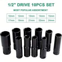 10PCS Impact Socket Set Deep Impact Socket Tool Set Metric Drive Deep Socket Durable Reliable Drive Hex Nuts 1/2 Inch 10-24mm For Professional Repair DIY - Black - View 2