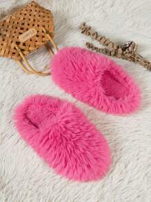女士冬季毛绒拖鞋，舒适软底毛绒家居平底鞋，白色/橙色/玫瑰红，圣诞节，蓬松拖鞋 - 玫紅色 - 查看 6