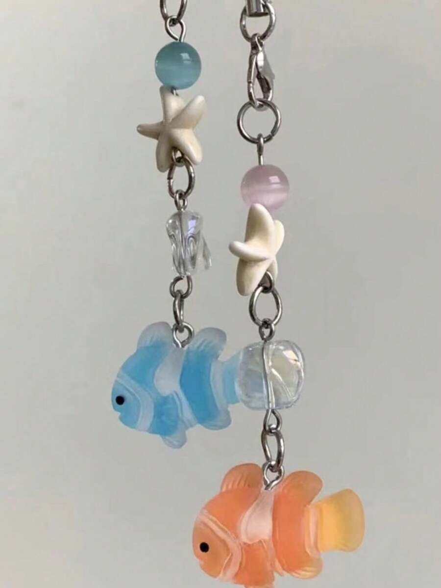 1 pieza Lindo y creativo llavero con cuentas de pez y estrella de mar, correa para teléfono móvil, colgante de bolso, adecuado para uso diario y como regalo