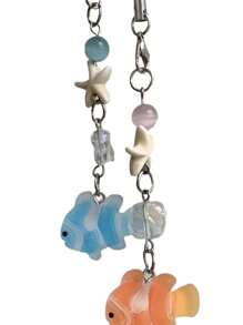 1 pieza Lindo y creativo llavero con cuentas de pez y estrella de mar, correa para teléfono móvil, colgante de bolso, adecuado para uso diario y como regalo