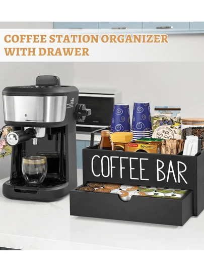 1 pieza Estantería de almacenamiento de barra de café rústica de madera, soporte para cápsulas de café de encimera, caja de almacenamiento de accesorios de café y té de escritorio, organizador de accesorios de café estilo granja, decoración de bar, almacenamiento y organización del hogar, decoración de vuelta al colegio