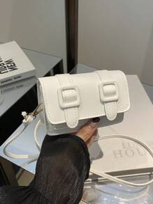 迷你时尚纯色简约翻盖单肩包，适合逛街，钱包，购物，年轻女性，大学生，新人，白领。非常适合办公室，大学，工作，商务，通勤，户外活动，旅行和郊游 - 白色 - 查看 2