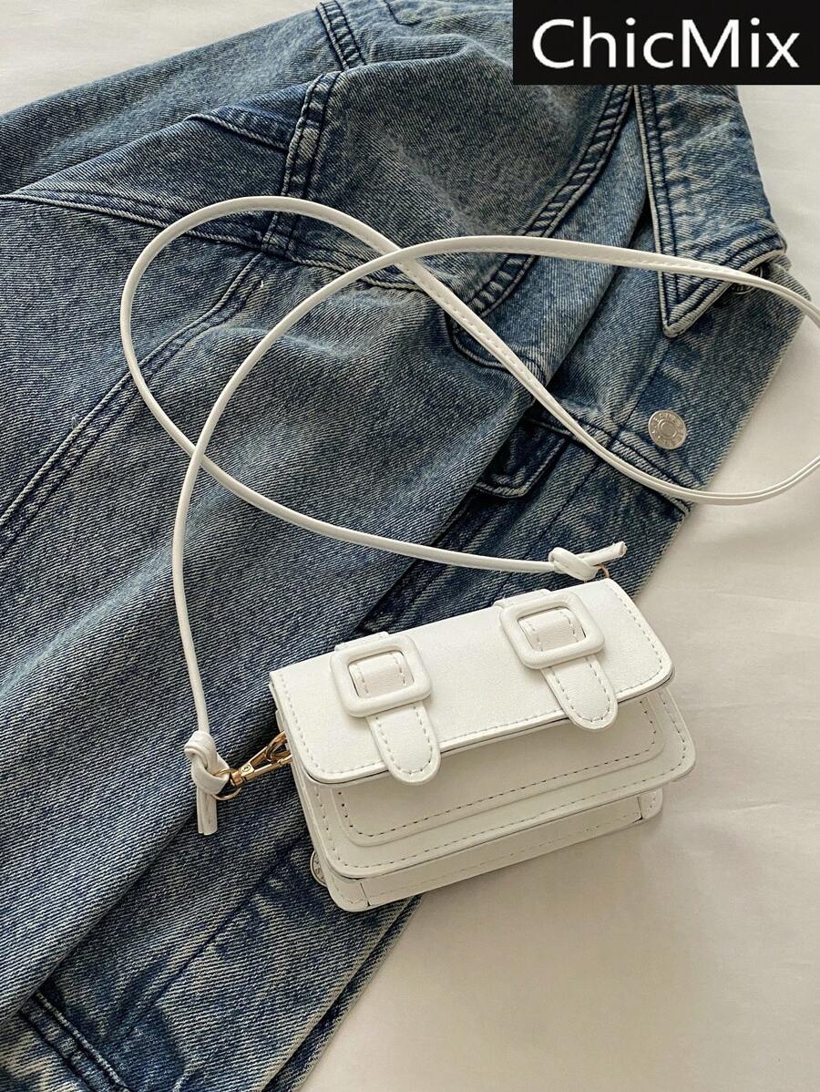 迷你时尚纯色简约翻盖单肩包,适合逛街,钱包,购物,年轻女性,大学生,新人,白领。非常适合办公室,大学,工作,商务,通勤,户外活动,旅行和郊游 - 白色 - 查看 1