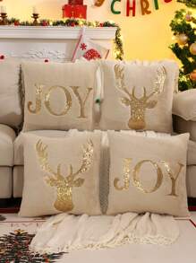 Miater 1 件亮片刺绣驯鹿圣诞装饰抱枕套，柔软毛绒，适合客厅和卧室，秋冬季 - 杏色 - 查看 2
