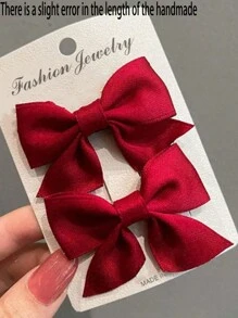 10/2件套女孩可爱蝴蝶结发夹，节日派对发饰 - 酒紅色 - 查看 2