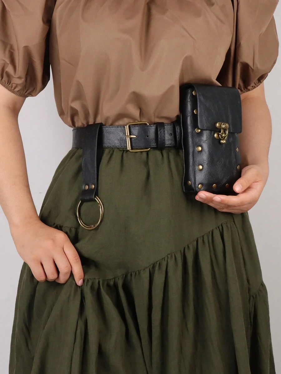 1 套中世纪复古腰带腰包腰带裙夹 PU 皮革钱包口袋万圣节文艺复兴集市服装道具 - A - 查看 1