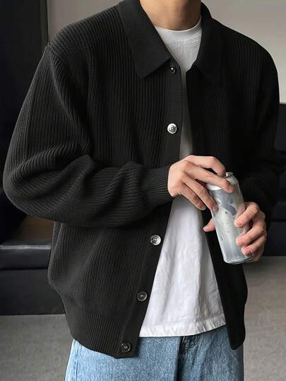 Men's Solid Color Loose Knit Cardigan, Casual Stretch Breathable Long Sleeve Turndown Collar Top, Fall/Winter