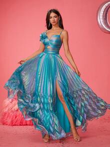 Smilprince 优雅派对渐变花朵 3D 装饰褶皱高开叉吊带背心连衣裙婚礼宾客礼服正式礼服晚礼服