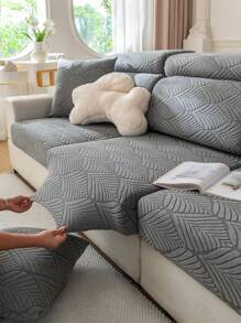 1 pièce Housse de canapé extensible en jacquard avec couleur contrastée, couleur unie simple, résistante aux griffures et à la saleté des animaux de compagnie, lavable en machine pour canapé 1 place, 2 places, 3 places, 4 places, en forme de L, pour usage intérieur et extérieur - Gris foncé - Voir 8