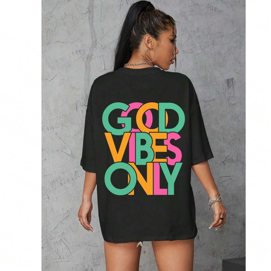 Women's Basic T-Shirt Blouse T Shirt Cotton Plus Size Kids Good Vibe Only Oversized Sweet - màu đen - Xem 1