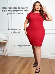 Women's Plus Size Casual Ribbed Premium Dress - 紅色 - 查看 2