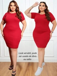 Women's Plus Size Casual Ribbed Premium Dress - 紅色 - 查看 5