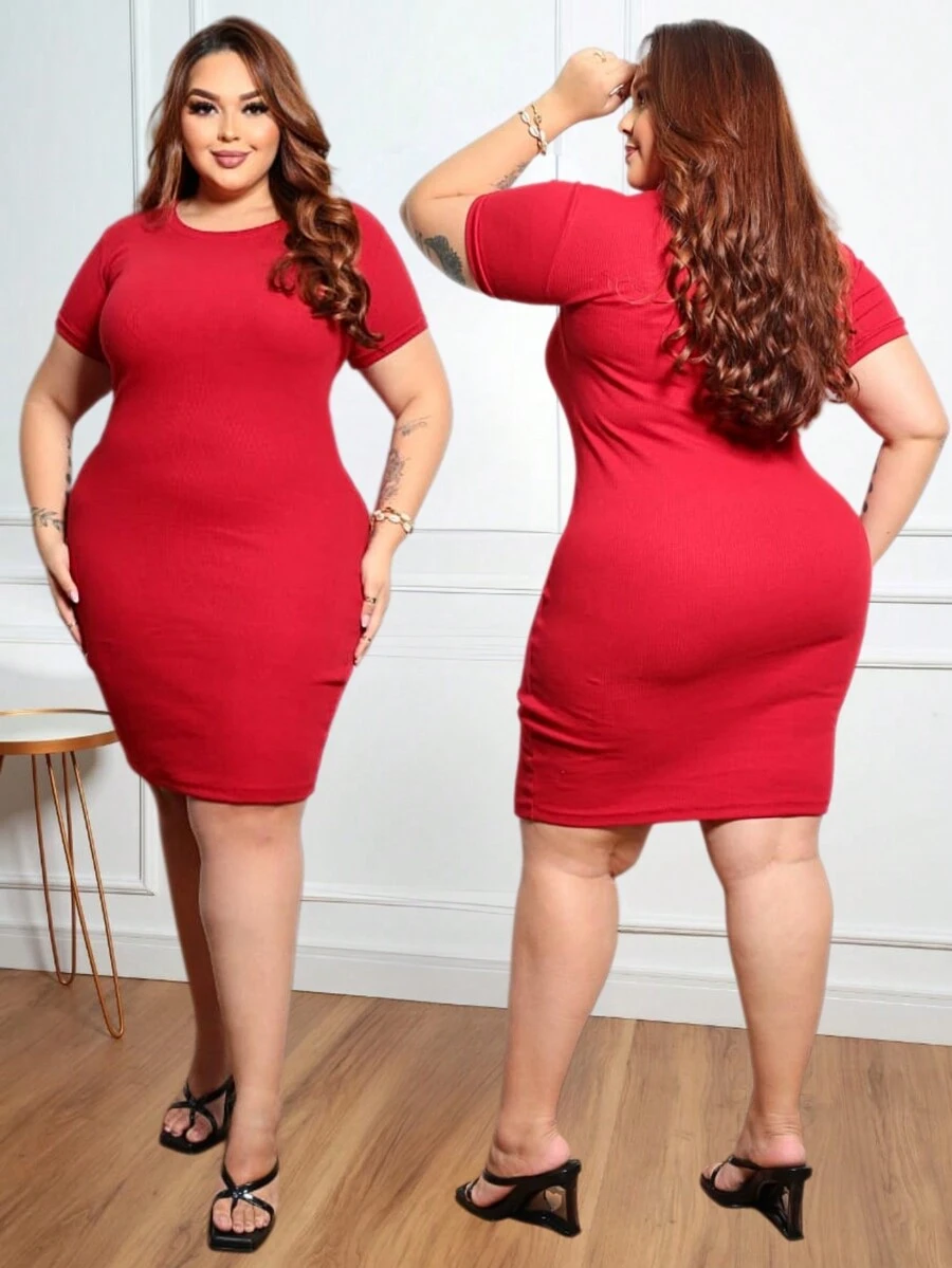 Women's Plus Size Casual Ribbed Premium Dress - 紅色 - 查看 1