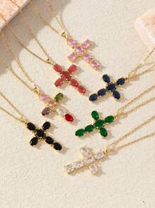 1pc Stainless Steel 18K Plated Cross Pendant Necklace With Colorful Crystals, Fashionable & Exquisite, Suitable For Party, Date, Office Wear - Yellow Gold - View 6