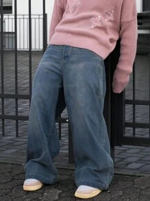 男士复古纯色宽松口袋休闲牛仔裤