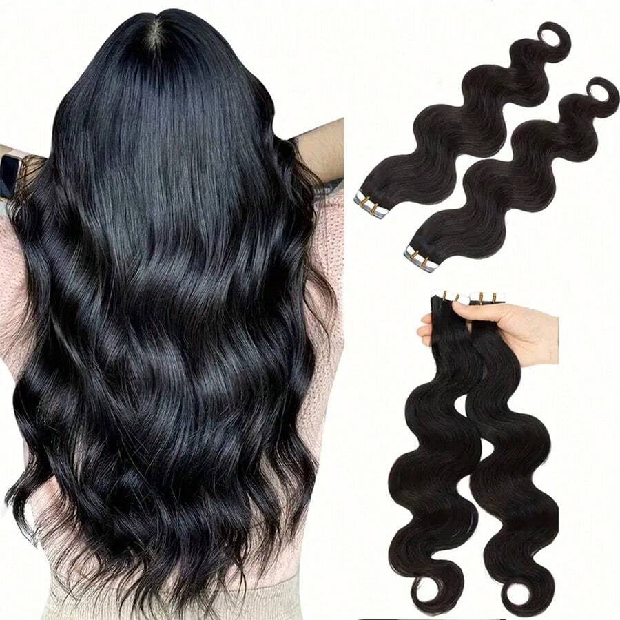 Body Wave 16-26 Inch Tape In Human Hair Extensions Wavy Thin Long Hair 20pcs/Pack Seamless Skin Weft Glue In Human Hairpieces With Invisible Double Sided Tape #1B Black