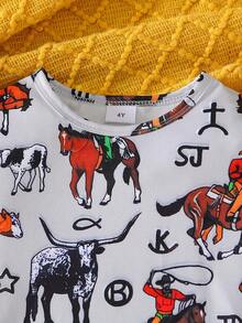 Conjunto de pijama informal de 2 piezas con estampado gráfico de toro y caballo para niños pequeños 2024, ropa de estar en casa para niños - Gris Claro - Ver 3