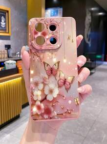 1pc Butterfly Floral Pattern Drop-Proof Phone Case Compatible With Apple, /Galaxy, Infinix, Redmi, OPPO, VIVO, Realme Waterproof Shockproof Anti-Fall Scratch Resistant - Pink - View 3